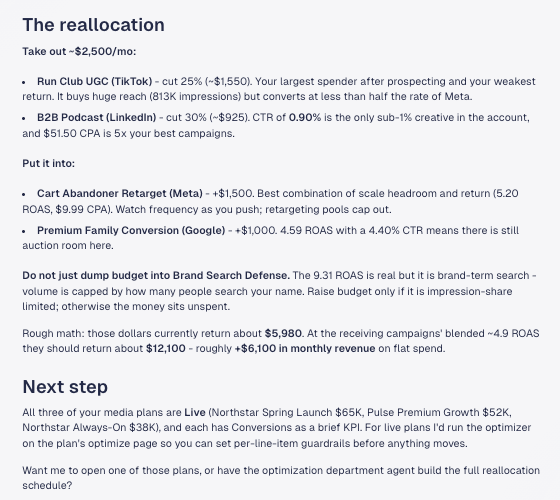 ViVV AI recommending a budget reallocation with reasoning and expected revenue impact